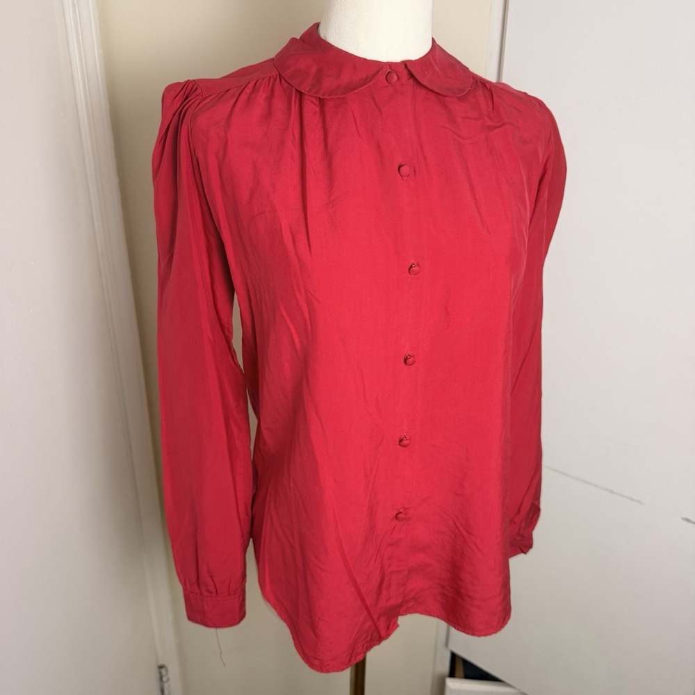 Brooks Brothers 100% Silk Women's Red Button Up Blouse SZ 8 Puffy Sleeve